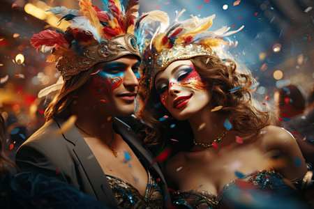 People celebrating carnival, happy people on city streetの素材