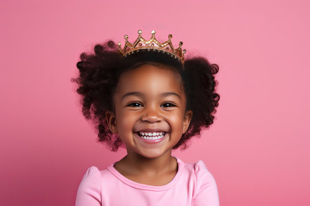 Happy little black girl in crown over pink backgroundの素材