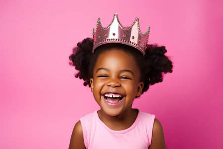 Happy little black girl in crown over pink backgroundの素材
