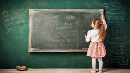Student little girl in front of blackboardの素材