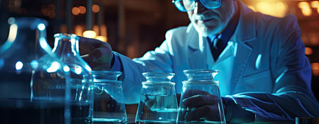 Scientist in laboratory analyzing blue liquid.の写真素材