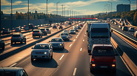 Cars, staying in traffic jam on highway in sunset, global warming, carbon trace conceptの素材