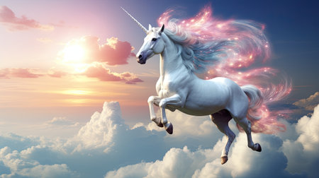Unicorn riding in sky on cloudsの素材