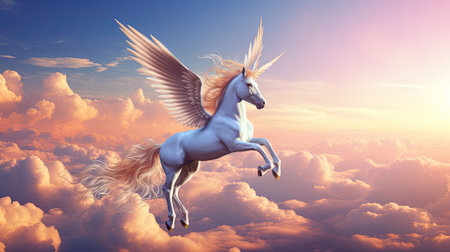 Unicorn riding in sky on cloudsの素材