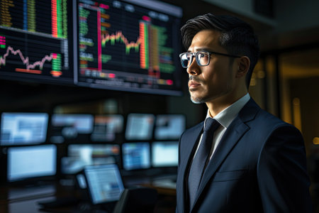 asian broadcaster with stock trade diagramsの素材