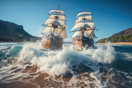sailing ship speeding in seaの素材