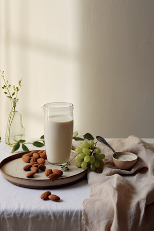 Table set with almond milk, tasty and healthy food lifestyleの素材