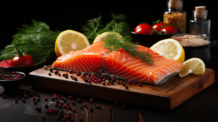 Raw salmon fish on black tableの素材
