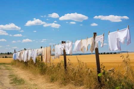 clothes drying on clotheline in the fields outdoorの写真素材