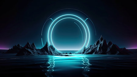 Futuristic night landscape with abstract landscape and island, moonlight, shine. Dark natural scene with reflection of light in the water, neon blue light.の素材