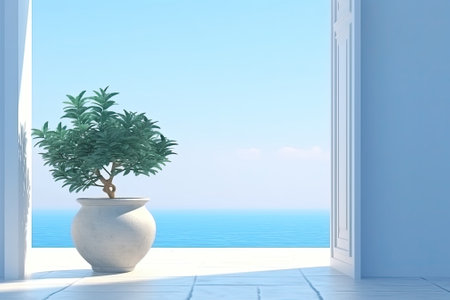 white_doorway_beside_a_blue_planter_by_the_seaの写真素材