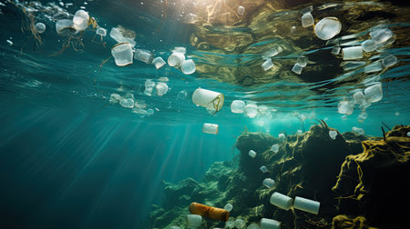 Plastic in water, polluted ocean underwater with microplastic, marine ecologic conceptの素材