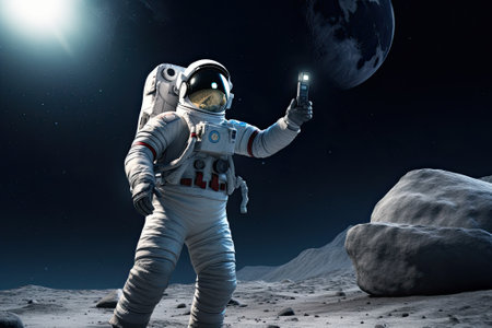 Picture of astronaut - man or woman in suit with helmet at lunar surfaceの素材