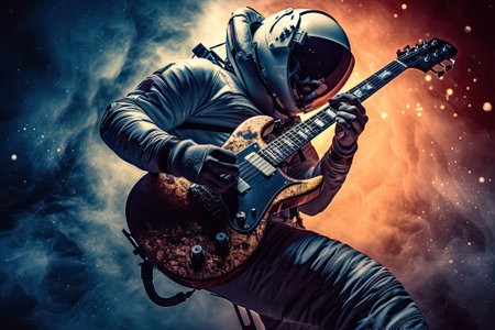 astronaut playing guitar in spaceの写真素材