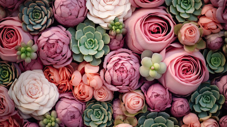 abstract floral background with peony flowers and succulentsの素材