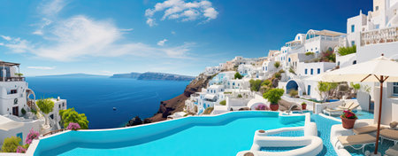 traditional greek village Oia of Santorini, with blue domes against sea and caldera with sunet in background, Greece, illustrationの素材