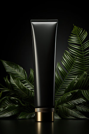 Black cosmetic tube with green leaves mock upの素材