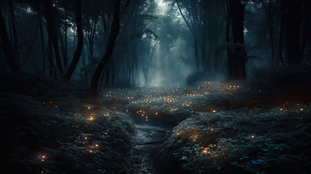 Spooky house or witch hut, dark and scary night, halloween scene with fog in fall forestの素材