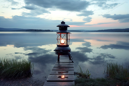 Oil lamp on the lake shore in forest, domestic tourism conceptの写真素材