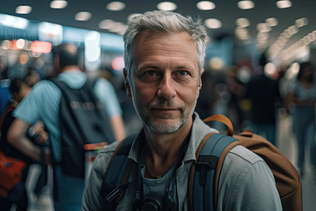 travelling man with baggage at airport terminal, modern tourism conceptの写真素材
