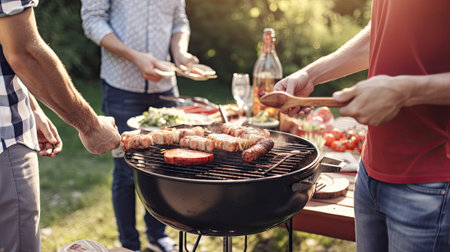 barbecue or barbeque party at garden, with cooking meat, beef and sauasages on grillの素材