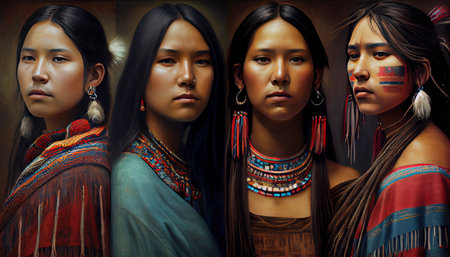 four indigenous young girls group, traditional costumes, hair, facesの素材