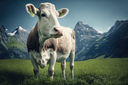 Milk cow on green grass meadow, under blue sky with mountains in backgroundの素材