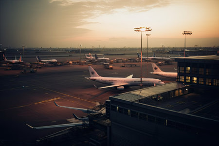 busy airport terminal at dusk,の素材