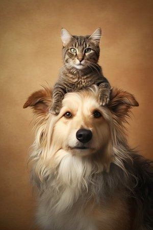 Cat sitting on dogs head, little pet friendsの素材