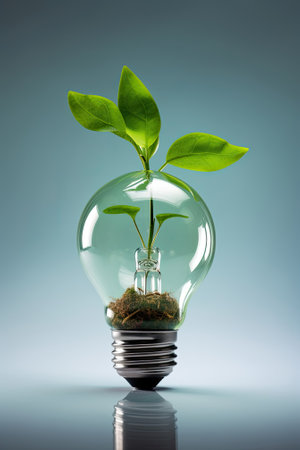 save the green planet concept with light bulb and butterflies in grass, clear green energy conceptの写真素材