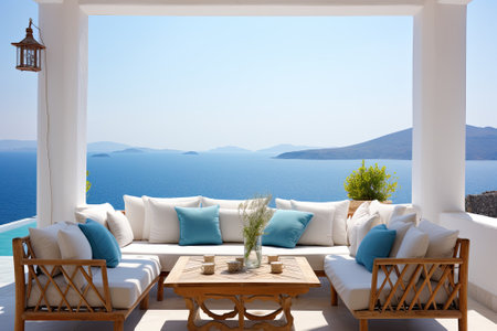 relaxing launge at Santorini, with blue domes against sea and caldera, Greeceの写真素材