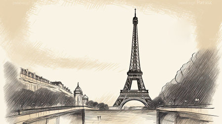 cosy Paris street with view on the famous Eiffel Tower, Paris Franceの写真素材