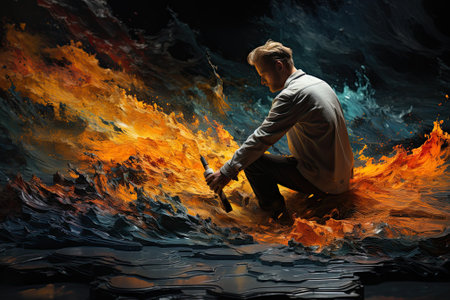 Man in workshop with abstract painting,の素材