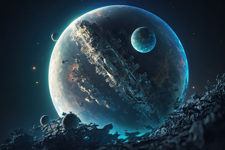 alien world planet, deep space landscape with several moonsの写真素材