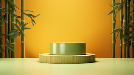 Minimal modern product display podium on beige background with tropical bamboo leaves,の素材