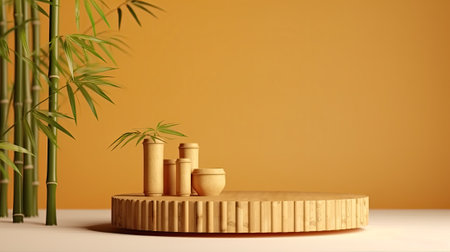 Minimal modern product display podium on beige background with tropical bamboo leaves,の素材