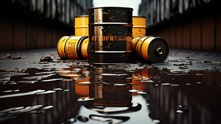 black oil in black canister or barrels close up background, created using ai toolの写真素材