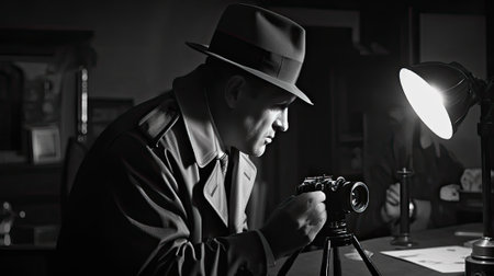 noir male detective on street, black and white, retro movie conceptの素材