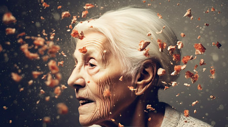 Memory loss due dementia, senior woman head falling in piecesの素材