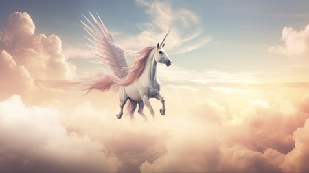 Unicorn riding in sky on cloudsの素材