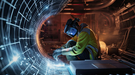 heavy industry concept with worker in protecting maskの写真素材