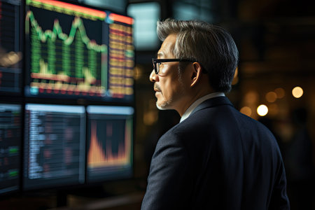 asian broadcaster with stock trade diagramsの素材