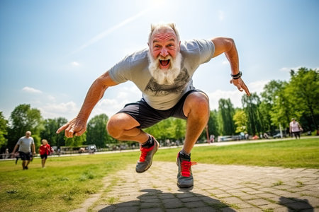 Senior man doing sport exercises outdoorの素材