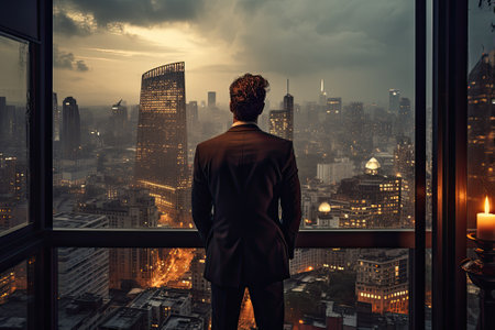 Man in big city looking in the windowの素材