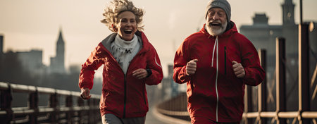 Couple of adults running on sunset streetの素材