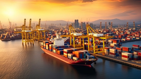 Modern System transportation and logistic import export and transport industry of truck container cargo ship and cargo plane with working crane bridge in shipyardの素材