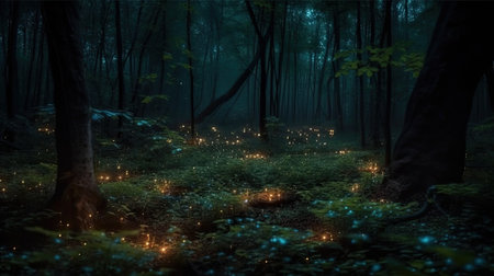 Spooky house or witch hut, dark and scary night, halloween scene with fog in fall forestの素材