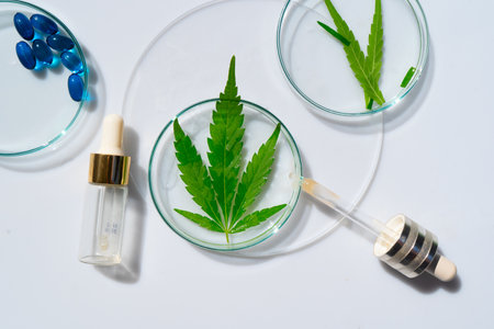cannabis treatment concept - beauty oil and cannabis leaf in petry duch in laboratory, medicinal use of cannabis oils conceptの写真素材