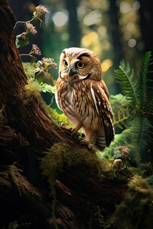 big owl sitting on branch in forestの写真素材