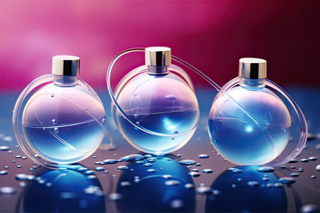 Transparent bubbles over liquid ripples, moleculas, science cosmetic, 3D Collagen serum and vitamin hyaluronic acid skin care solutions with cosmetic advertising background.の素材